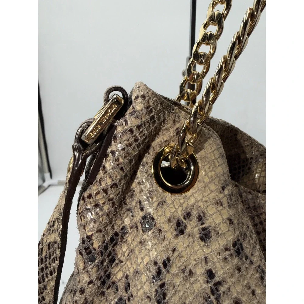 Michael Kors Snakeskin Embossed Leather Hobo Bag Brown Gold Hardware Crossbody